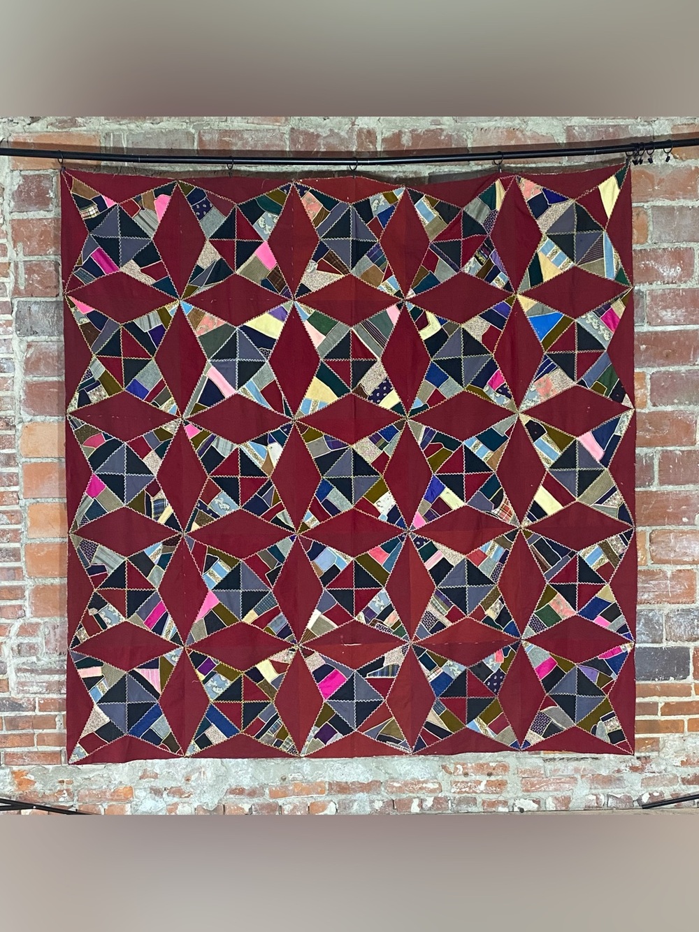 Vintage Kite Crazy Quilt Top Feather Stitched 76” x 78”